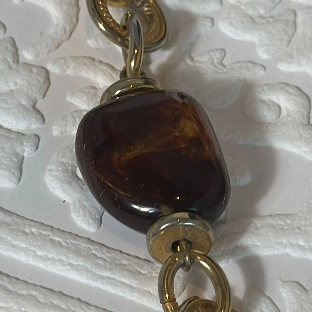 Vintage Gold Tone Long Chunky Chain Necklace With‎ Faux Amber Beads 30”